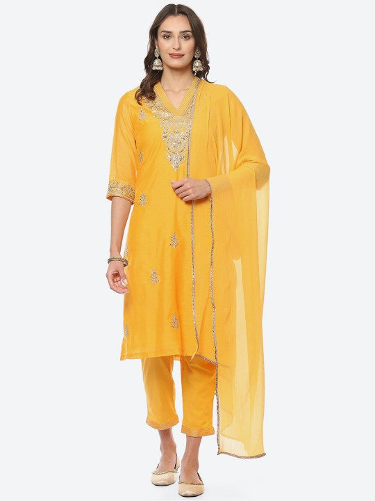 Biba Women Plus size Ethnic Motifs Embroidered Thread Work Kurta With Trousers & Dupatta