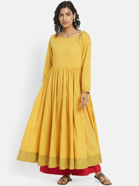 Fabindia Women Mustard Yellow Cotton Anarkali Kurta