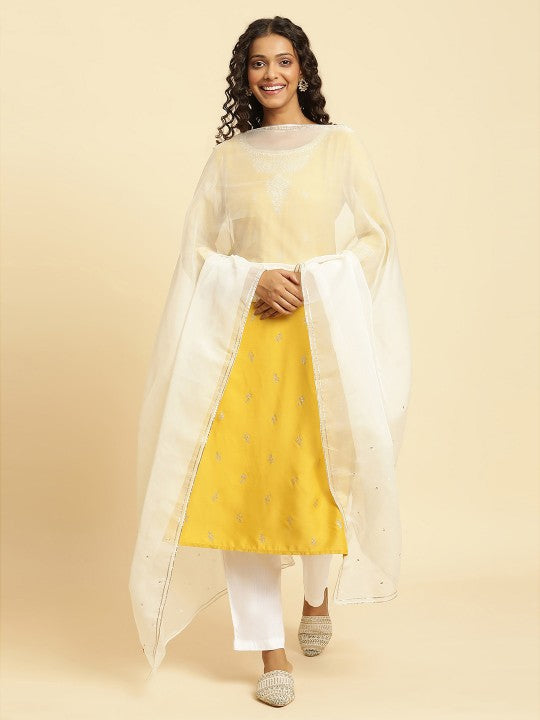 W Sequinned Dupatta - White & Gold