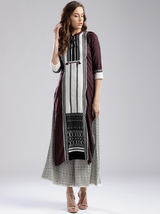 W Women Burgundy & Off-White Woven Design Straight Kurta