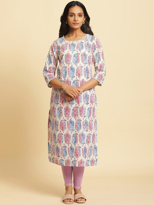 W Ethnic Motifs Printed Beads And Stones Pure Cotton Kurta