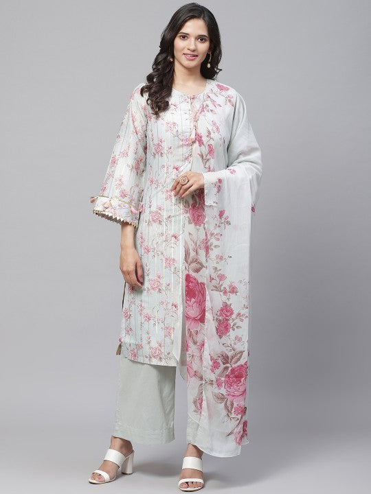 Biba Women Grey & Pink Floral Print Kurta with Palazzos & Dupatta