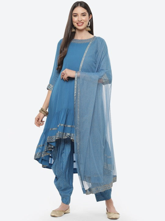 Biba Women Blue Kurta With Dhoti Pants & Net Dupatta