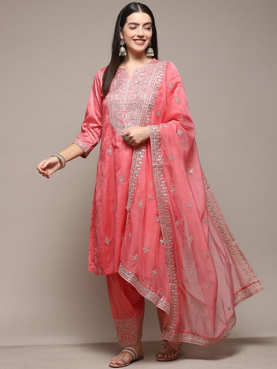 Biba Ethnic Motifs Embroidered Thread Work Detail Straight Kurta & Salwar With Dupatta