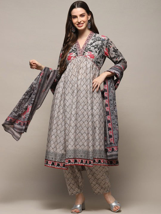 Biba Ethnic Motifs Printed Empire Thread Work Pure Cotton Kurta With Salwar & Dupatta