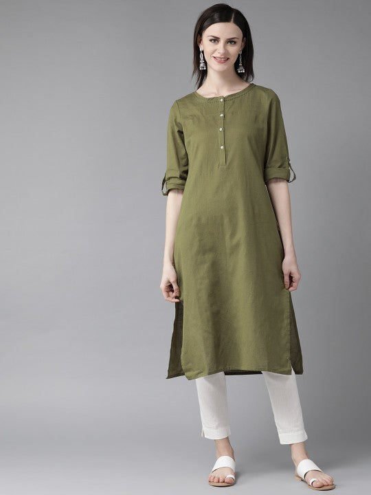 W Straight Cotton Kurta - Olive Green