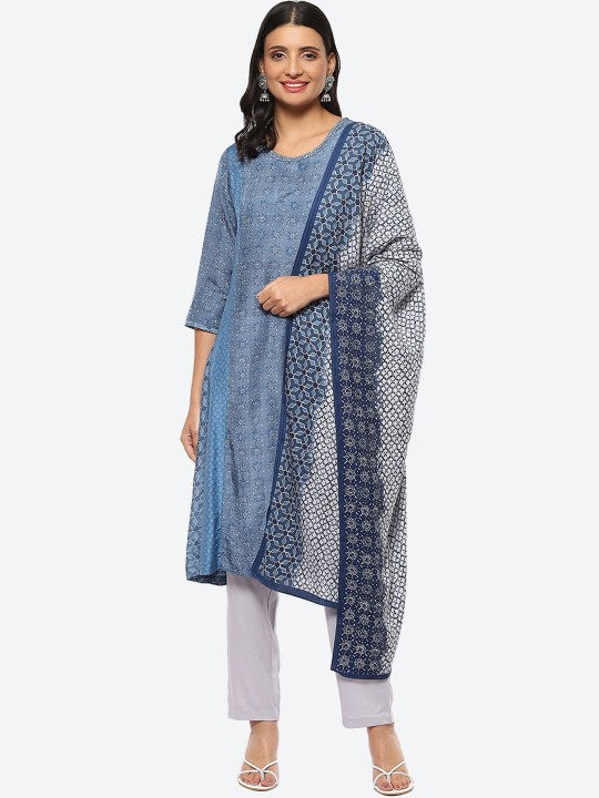 Biba Women Plus Size Printed Panelled Kurta With Trousers & Dupatta