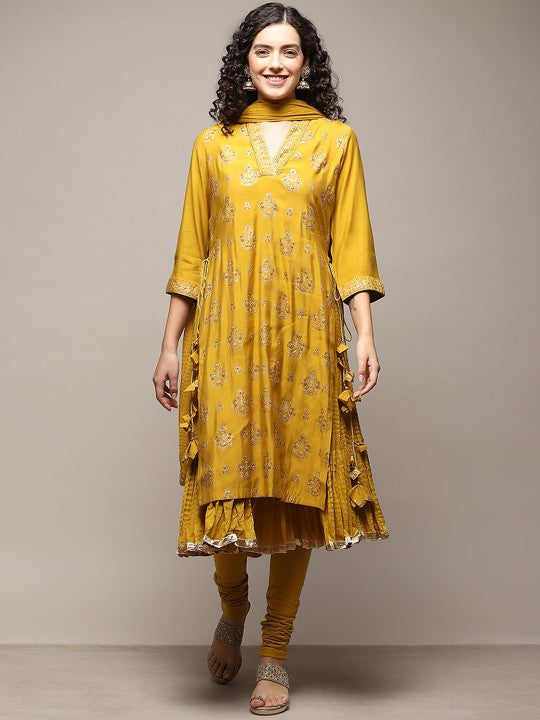 Biba Ethnic Motifs Printed Regular Sequinned Kurta with Churidar & With Dupatta