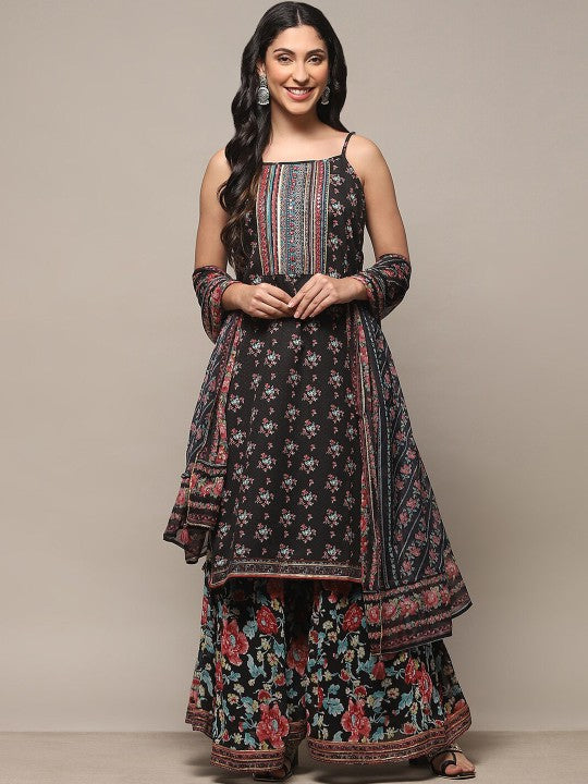 Biba Floral Printed Mirror Work Kurta With Sharara & With Dupatta