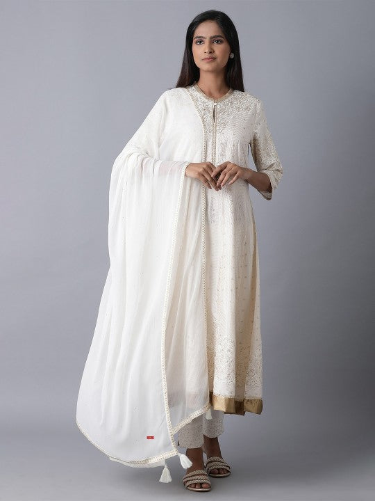 W White & Gold-Toned Solid Dupatta