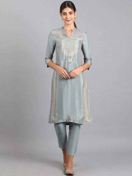 W Women Blue Ethnic Motifs Printed Mandarin Kurta