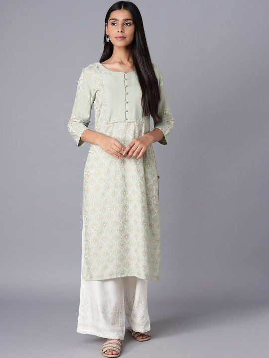 W Women Green & White Floral Printed Thread Work Kurta