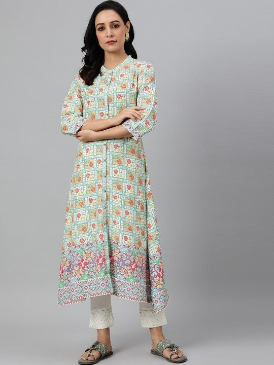 W Women Sea Green & White Ethnic Motifs Printed Kurta