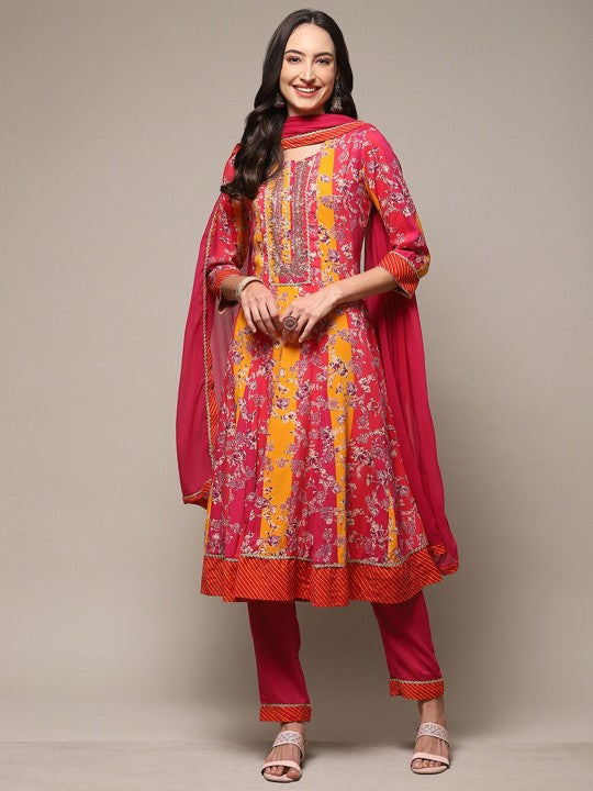 Biba Floral Printed Kurta & Trousers With Dupatta - Pink & Yellow