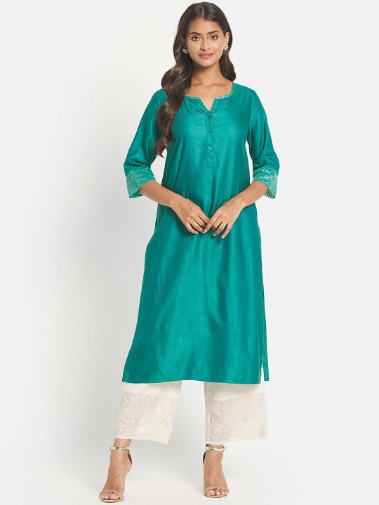 Fabindia Women Teal Solid Kurta