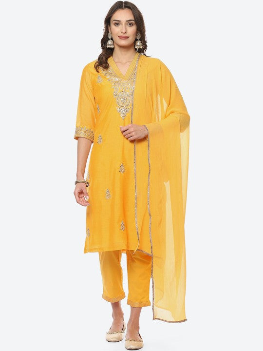 Biba Women Ethnic Motifs Embroidered Kurta with Trousers & Dupatta - Yellow