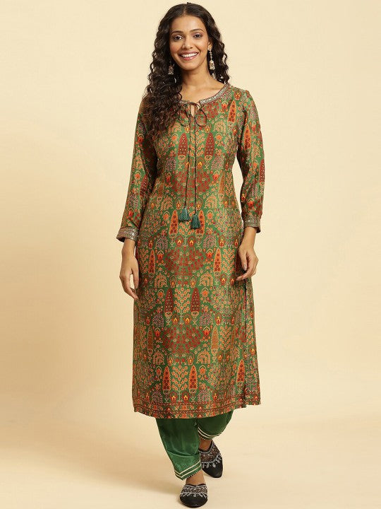 W Green Ethnic Motifs Printed Tie-Up Neck Thread Work Kurta