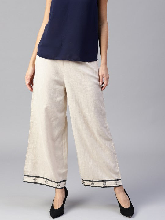 W Women Beige Wide Leg Hem Design Palazzos