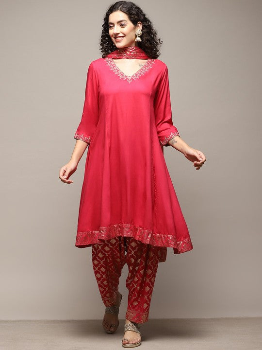 Biba Ethnic Motifs Embroidered V-Neck A-Line Kurta with Salwar & Dupatta