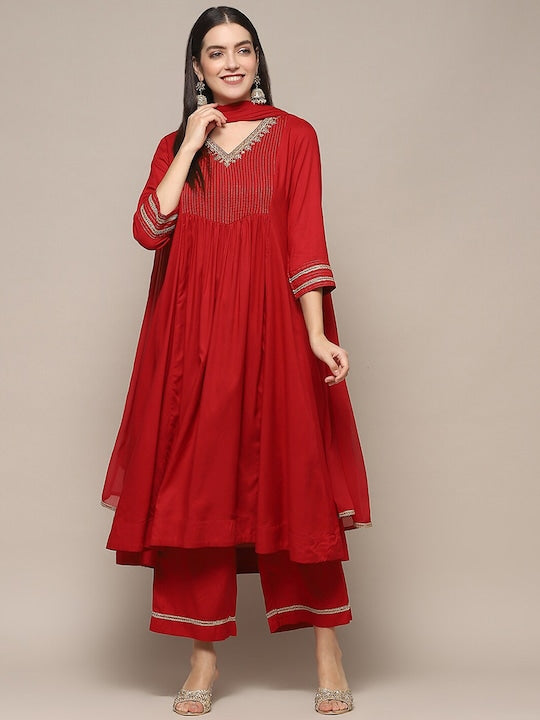 Biba Women Embroidered V Neck Regular Kurta with Palazzos & With Dupatta