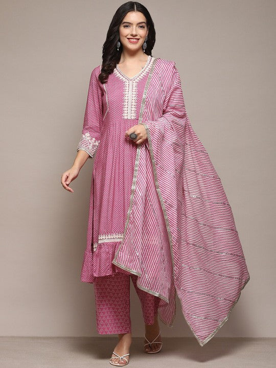 Biba Geometric Printed Thread Work Pleated A-Line Kurta With Palazzos & Dupatta