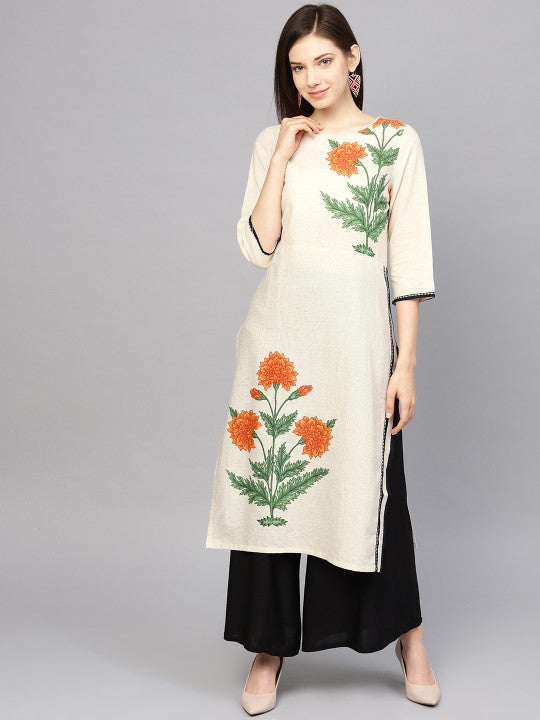 W Women Off-White & Orange Printed Floral Straight Kurta