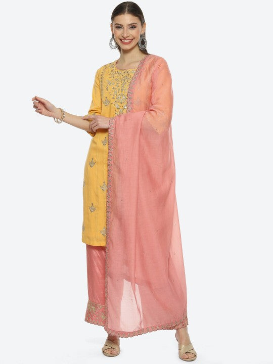 Biba Women Floral Embroidered Sequined Chanderi Cotton Kurta with Palazzos & Dupatta