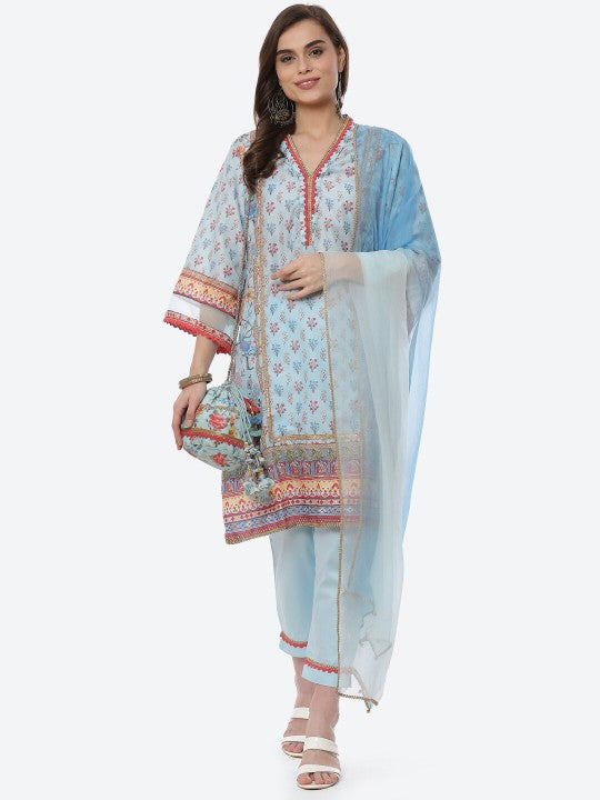 Biba Women Blue Ethnic Motifs Printed Kurta with Trousers & With Dupatta