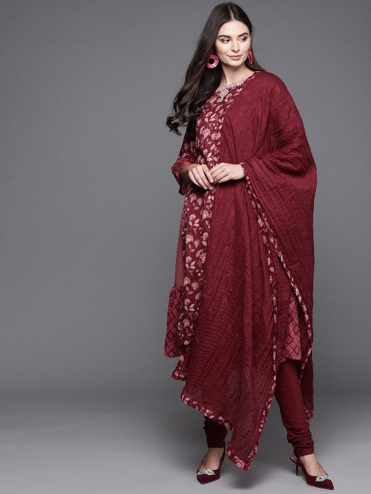 Biba Women Maroon & Pink Printed Pure Cotton Kurta with Churidar & Dupatta