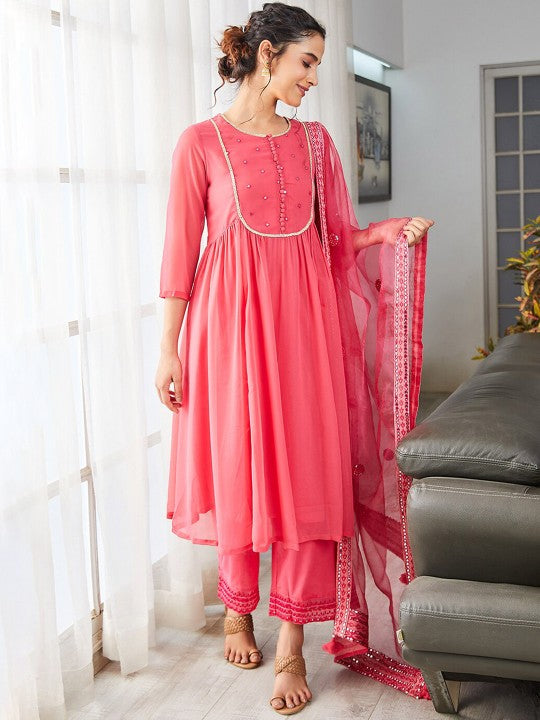 Biba Embroidered Angrakha Kurta With Palazzo & Dupatta