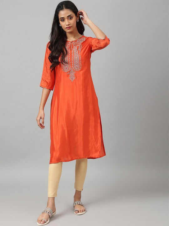 W Women Orange Embroidered Keyhole Neck Indie Prints Kurta