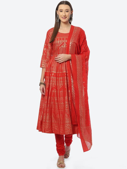 Biba Women Plus Size Red Ethnic Motifs Kurta with Churidar & Dupatta