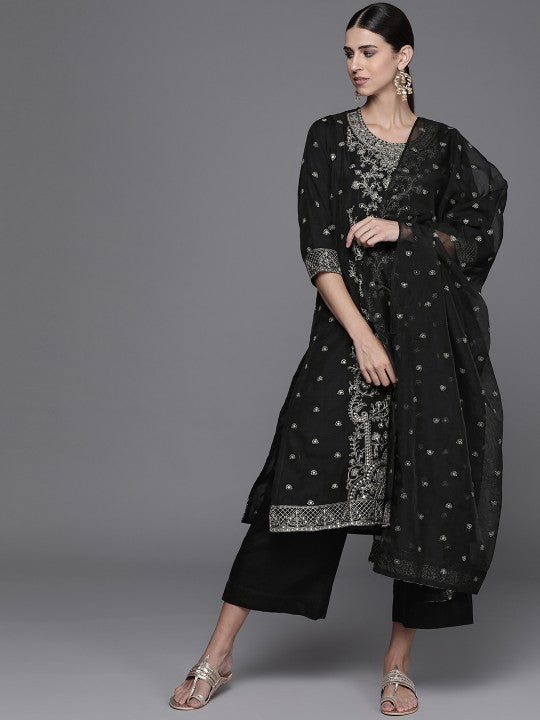 Biba Women Black Regular Sequinned Kurta with Palazzos & With Dupatta