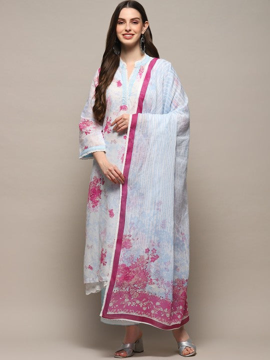 Biba Floral Printed Pure Cotton Kurta With Palazzos & Dupatta - Off White