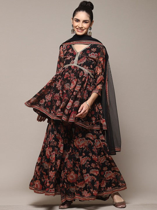 Biba Floral Printed Embroidered Anarkali Kurti with Sharara & Dupatta