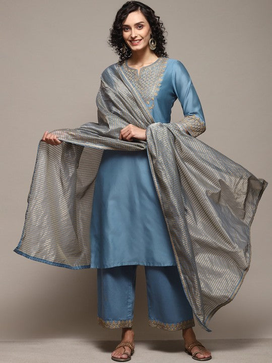 Biba Floral Embroidered Straight Kurta & Trousers With Dupatta