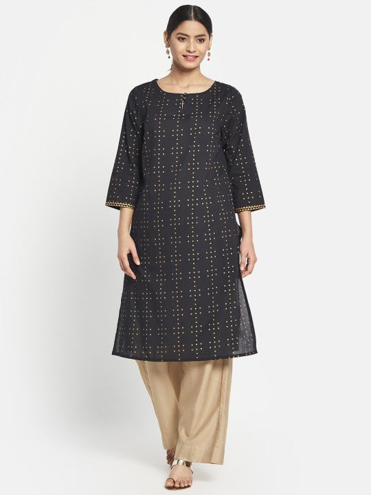 Fabindia FabBasic Women Black & Golden Ethnic Motifs Printed Pure Cotton Kurta