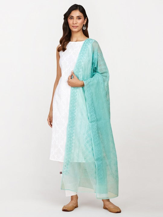 Fabindia Ethnic Motifs Chikankari Embroidered Cotton Silk Dupatta - Sea Green