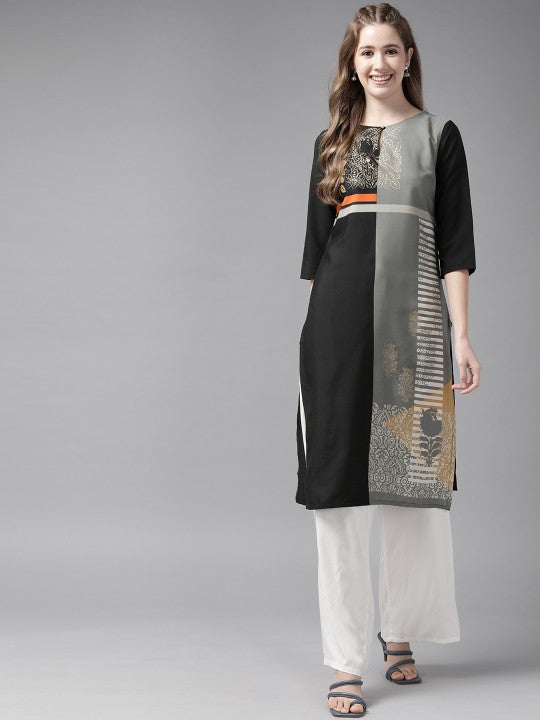 W Women Black & Charcoal Grey Colour Blocked Keyhole Neck Straight Kurta