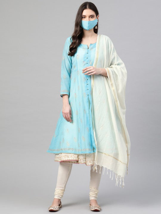 Biba Women Blue Off-White Printed Layered Kurta Set