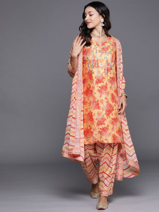 Biba Liva Floral Print Mirror Work Kurta with Salwar & Dupatta