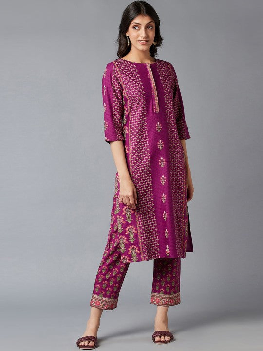 W Women Purple Geometric Printed Thread Work Kurta