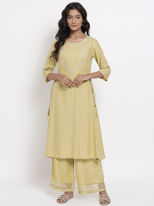 W Women Yellow Floral Embroidered Kurta