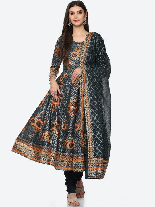 Biba Women Blue Paisley Panelled Kurta with Churidar & Dupatta