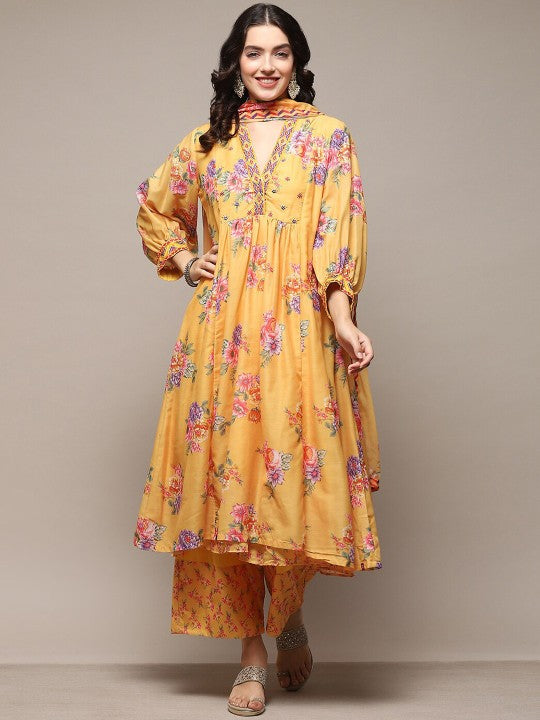 Biba Floral Printed Empire Chanderi Cotton Kurta with Palazzos & With Dupatta