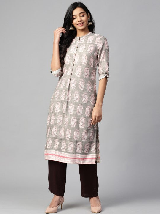 W Women Grey & Pink Printed Straight Kurta