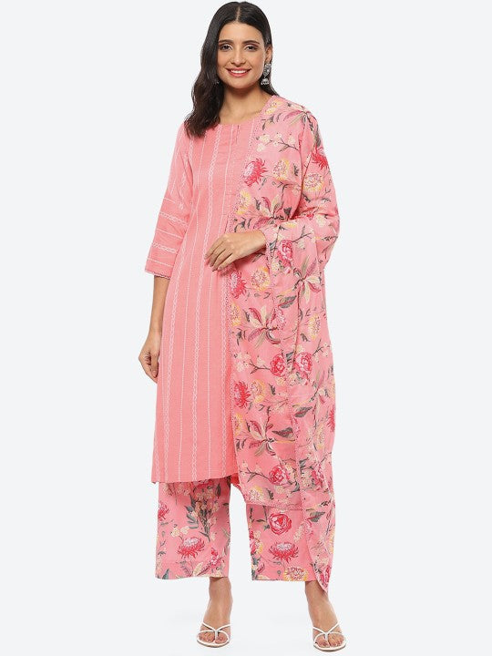 Biba Women Plus Size Striped A-Line Kurta With Palazzos & Dupatta