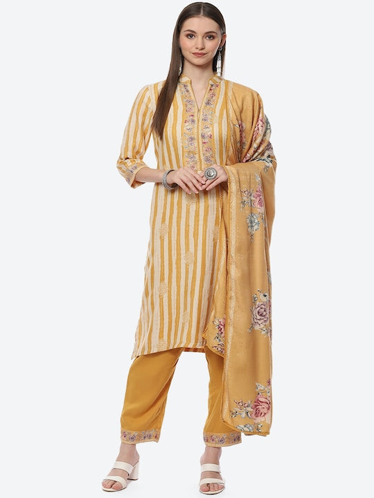 Biba Women Mustard Yellow Floral Printed Kurta with Trousers With Dupatta Plus Size