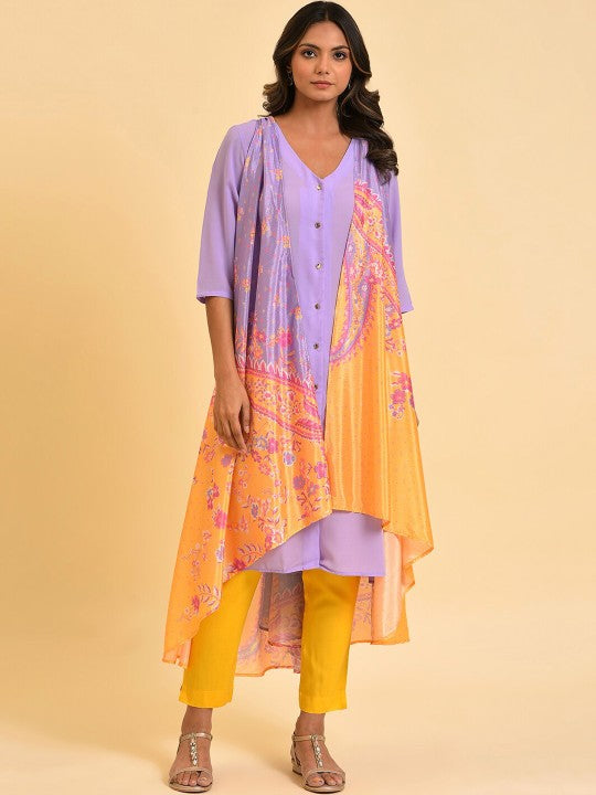 W Purple V-Neck Ethnic Motifs Printed Layered Kurta