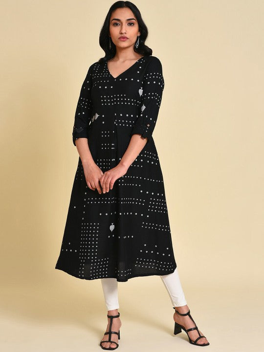 W Printed Thread Work A-Line Kurta With Leggings